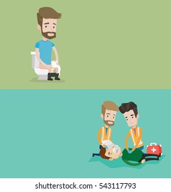 Dos pancartas médicas con espacio para el texto. Diseño plano vectorial. Diseño horizontal. Equipo de paramédicos durante el proceso de reanimación del hombre. Paramédicos haciendo reanimación cardiopulmonar de un hombre.