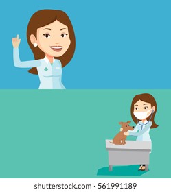 Two medical banners with space for text. Vector flat design. Horizontal layout. Doctor in medical gown showing ok sign. Smiling doctor gesturing ok sign. Young caucasian doctor with ok sign gesture.
