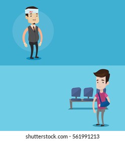 Duas bandeiras médicas com espaço para texto. Design plano vetorial. Layout horizontal. Homem com ataduras na cabeça. Homem ferido com a cabeça enfaixada. Homem ferido usando uma braçadeira de braço. Cara com o braço quebrado.