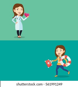 Two medical banners with space for text. Vector flat design. Horizontal layout. Cardiologist with heart in hand. Cardiologist holding heart. Concept of health care and prevention of heart problems.