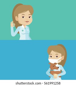 Two medical banners with space for text. Vector flat design. Horizontal layout. Doctor holding medical injection syringe. Doctor standing with syringe. Doctor holding a syringe ready for injection.