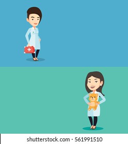 Two medical banners with space for text. Vector flat design. Horizontal layout. Young caucasian doctor in medical gown holding first aid box. Friendly doctor in uniform standing with first aid kit.
