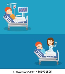 Two medical banners with space for text. Vector flat design. Horizontal layout. Doctor visiting patient. Doctor pointing finger up during visiting of patient. Girl lying in bed while doctor visits her
