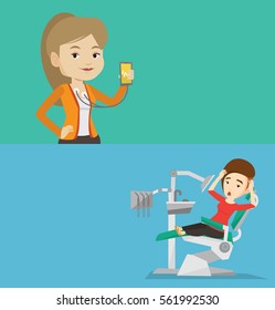 Two medical banners with space for text. Vector flat design. Horizontal layout. Woman checking blood pressure with smartphone application. Woman measuring heart rate pulse with smartphone application.