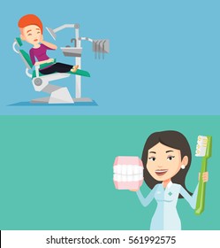 Two medical banners with space for text. Vector flat design. Horizontal layout. Patient visiting dentist because of toothache. Sad patient suffering from toothache. Woman having a strong toothache.