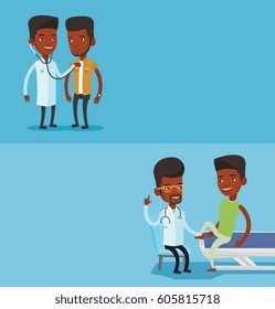 Two medical banners with space for text. Vector flat design. Horizontal layout. Young doctor listening to chest of patient with stethoscope. Patient visiting doctor. Doctor examining chest of patient.