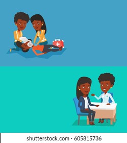 Two medical banners with space for text. Vector flat design. Horizontal layout. Young african-american doctor consulting patient in office. Doctor talking to smiling patient about her state of health.