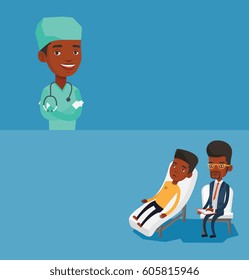 Two medical banners with space for text. Vector flat design. Horizontal layout. Surgeon standing with arms crossed. Young confident surgeon in medical uniform. Surgeon with stethoscope on his neck.