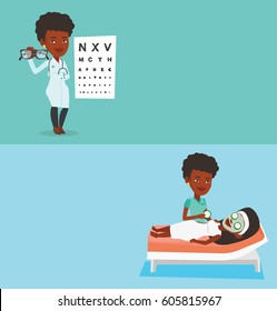 Two medical banners with space for text. Vector flat design. Horizontal layout. Cosmetologist applying cosmetic mask on face of woman in beauty salon. Woman with face mask relaxing in beauty salon.