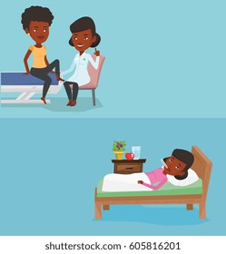 Dos carteles médicos con espacio para el texto. Diseño plano vectorial. Diseño horizontal. Fisioterapeuta revisando el tobillo del paciente. Fisioterapeuta examinando la pierna de la deportista. Mujer visitando fisioterapeuta.