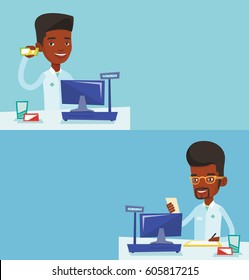 Two medical banners with space for text. Vector flat design. Horizontal layout. Pharmacist writing on clipboard. Pharmacist with prescription at pharmacy counter. Pharmacist reading prescription.