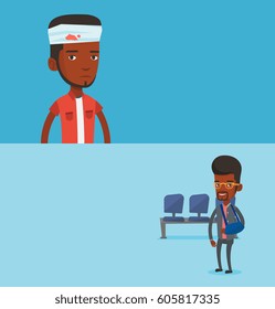 Two medical banners with space for text. Vector flat design. Horizontal layout. Man with bandages over his head. Injured man with bandaged head. Injured man wearing an arm brace. Man with broken arm.