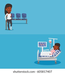 Dos carteles médicos con espacio para el texto. Diseño plano vectorial. Diseño horizontal. Mujer tendida en la cama del hospital. Pacientes descansando en cama con monitorización de la frecuencia cardíaca. Paciente durante el procedimiento de transfusión sanguínea.