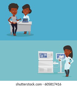 Zwei medizinische Banner mit Platz für Text. Vektorflachdesign. Horizontales Layout. Junge Patienten kontrollieren den Blutdruck mit einem digitalen Blutdruckmessgerät. Arzt, der den Blutdruck des Patienten misst.