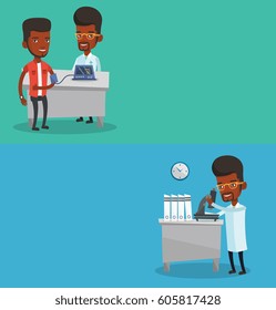 Dos carteles médicos con espacio para el texto. Diseño plano vectorial. Diseño horizontal. Auxiliar de laboratorio trabajando con microscopio. Científico trabajando en laboratorio. Asistente de laboratorio con microscopio.