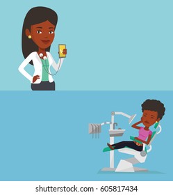 Zwei medizinische Banner mit Platz für Text. Vektorflachdesign. Horizontales Layout. Afrikanischer Patient, der Zahnarzt wegen Zahnschmerzen besucht. Frauen leiden an Zahnschmerzen. Frauen haben starke Zahnschmerzen.