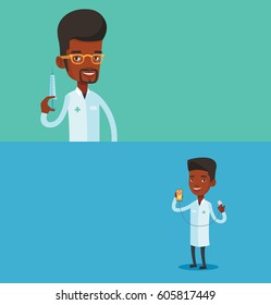 Two medical banners with space for text. Vector flat design. Horizontal layout. Doctor holding medical injection syringe. Doctor standing with syringe. Doctor holding a syringe ready for injection.