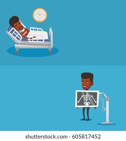 Two medical banners with space for text. Vector flat design. Horizontal layout. African man during chest x ray procedure. Man with x ray screen showing his skeleton. Patient visiting roentgenologist.