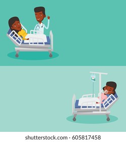Two medical banners with space for text. Vector flat design. Horizontal layout. African-american woman lying in hospital bed with oxygen mask. Young woman during medical procedure with drop counter.