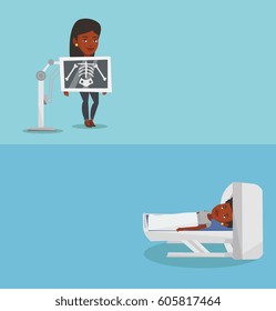 Zwei medizinische Banner mit Platz für Text. Vektorflachdesign. Horizontales Layout. Afrikanische Frau wird einem Magnetresonanztomographiestest unterzogen. Abtastpatient für Magnetresonanztomografiegeräte (MRT).