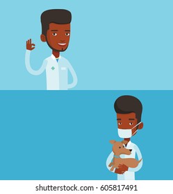 Two medical banners with space for text. Vector flat design. Horizontal layout. Doctor in medical gown showing ok sign. Doctor gesturing ok sign. Young african-american doctor with ok sign gesture.