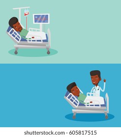 Two medical banners with space for text. Vector flat design. Horizontal layout. Doctor with finger up visiting patient lying in hospital bed. Patient lying in hospital bed with heart rate monitor.
