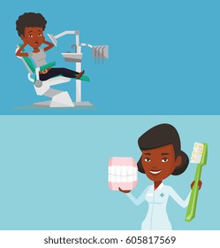 Two medical banners with space for text. Vector flat design. Horizontal layout. Frightened african-american patient at dentist office. Scared woman in dental clinic. Afraid woman visiting dentist.