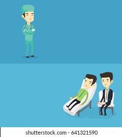 Two medical banners with space for text. Vector flat design. Horizontal layout. Asian patient lying on sofa and talking about problems with psychotherapist. Psychologist having session with patient.
