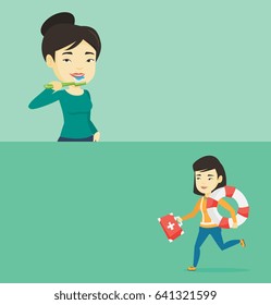 Two medical banners with space for text. Vector flat design. Horizontal layout. Young asian emergency doctor running to patients. Female emergency doctor running with first aid box and lifebuoy.
