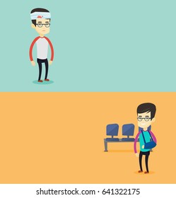 Duas bandeiras médicas com espaço para texto. Design plano vetorial. Layout horizontal. Homem asiático ferido usando uma braçadeira de braço. Jovem sorridente de pé com o braço direito quebrado. Homem com o braço quebrado em um gesso.