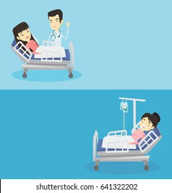 Two medical banners with space for text. Vector flat design. Horizontal layout. Patient in oxygen mask lying in hospital bed. Patient lying in hospital bed during medical procedure with drop counter.