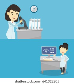 Two medical banners with space for text. Vector flat design. Horizontal layout. Asian doctor in medical gown examining a skeleton radiograph. Doctor looking at a chest radiograph on computer screen.
