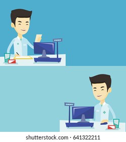 Two medical banners with space for text. Vector flat design. Horizontal layout. Pharmacist writing on clipboard. Pharmacist with prescription at pharmacy counter. Pharmacist reading prescription.