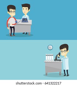 Two medical banners with space for text. Vector flat design. Horizontal layout. Asian laboratory assistant working with microscope. Scientist working at the laboratory. Scientist using a microscope.