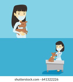 Dos carteles médicos con espacio para el texto. Diseño plano vectorial. Diseño horizontal. Jóvenes veterinarios asiáticos sosteniendo perros. Médico veterinario con mascarilla médica examinando perro. Concepto de cuidado de mascotas.