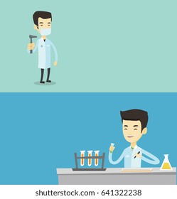 Dos carteles médicos con espacio para el texto. Diseño plano vectorial. Diseño horizontal. Auxiliar de laboratorio trabajando con un tubo de ensayo y tomando algunas notas. Auxiliar de laboratorio analizando el líquido en el tubo de ensayo.