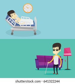 Zwei medizinische Banner mit Platz für Text. Vektorflachdesign. Horizontales Layout. Mann mit Halsband und Halsschmerzen. Patient mit verletztem Nacken im Bett liegen. Mann mit Halsspange.