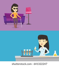 Dos carteles médicos con espacio para el texto. Diseño plano vectorial. Diseño horizontal. Mujer ciega asiática parada con bastón para caminar en casa. Joven ciega con gafas oscuras de pie con bastón en casa.