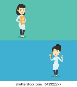 Two medical banners with space for text. Vector flat design. Horizontal layout. Pediatrician doctor holding teddy bear. Pediatrician standing with teddy bear. Young asian pediatrician in medical gown.