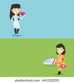 Two medical banners with space for text. Vector flat design. Horizontal layout. Asian doctor of air ambulance standing in front of rescue helicopter. Doctor of air ambulance holding first aid box.