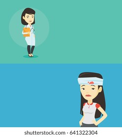 Dos carteles médicos con espacio para el texto. Diseño plano vectorial. Diseño horizontal. Mujer asiática molesta con vendas sobre su cabeza. Triste mujer herida con la cabeza vendada. Joven herida en la cabeza.