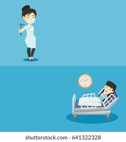 Two medical banners with space for text. Vector flat design. Horizontal layout. Asian ear nose throat doctor holding medical tool. Young doctor showing tools used for examination of ear, nose, throat.