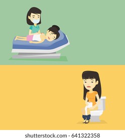 Dos carteles médicos con espacio para el texto. Diseño plano vectorial. Diseño horizontal. Mujer sentada en el retrete y con diarrea. Mujer con rollo de papel higiénico y con diarrea.
