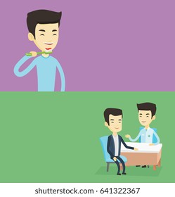 Two medical banners with space for text. Vector flat design. Horizontal layout. Young asian man brushing his teeth. Man cleaning teeth. Cheerful man taking care of teeth. Guy with toothbrush in hand.