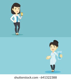 Two medical banners with space for text. Vector flat design. Horizontal layout. Young asian pharmacist holding a glass of water and pills in hands. Smiling pharmacist in medical gown giving medication