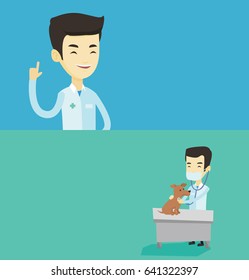 Dos carteles médicos con espacio para el texto. Diseño plano vectorial. Diseño horizontal. Jóvenes veterinarios asiáticos examinando al perro en el hospital. Veterinario asiático revisando el latido cardíaco de un perro con estetoscopio.