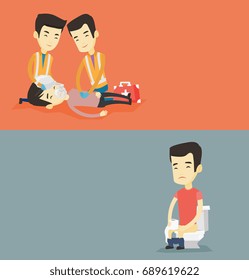 Dos carteles médicos con espacio para el texto. Diseño plano vectorial. Diseño horizontal. Equipo de paramédicos durante el proceso de reanimación del hombre. Paramédicos haciendo reanimación cardiopulmonar de un hombre.