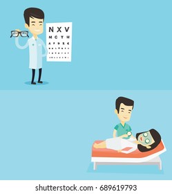 Two medical banners with space for text. Vector flat design. Horizontal layout. Ophthalmologist doctor offering eyeglasses. Asian ophthalmologist holding eyeglasses on the background of eye chart.