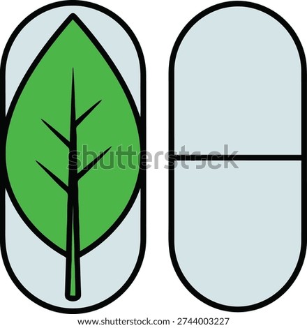 Two medical capsule halves, one with a green leaf symbol, suggesting natural medicine, herbal remedies, or organic supplements.