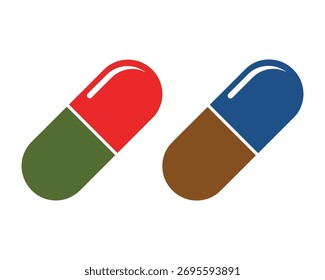 Duas cápsulas médicas ilustração vetor para farmácia. Diferente cor pílulas símbolo para o tratamento e saúde.